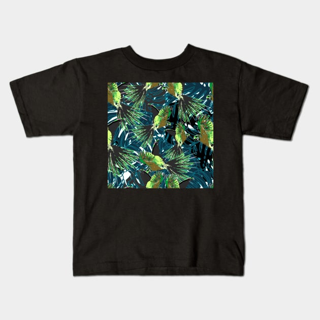 Macaw And Tropical Leaves Vector Seamless Print Kids T-Shirt by MichelMM